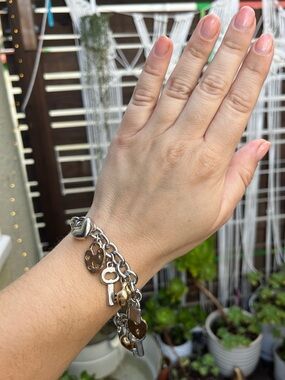 Silver and Gold Heart & Key Charm Bracelet - Women Jewelry